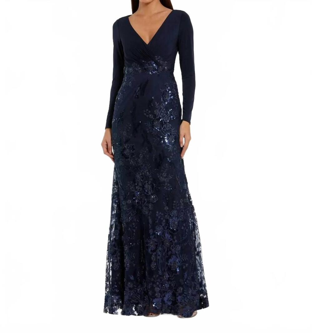 NEW MAC DUGGAL embellished long sleeve wrap over trumpet gown in midnight